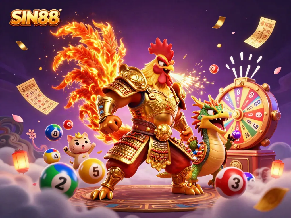 SIN88 features a dynamic illustration of a fighting rooster and dragon celebrating with vibrant lottery elements.