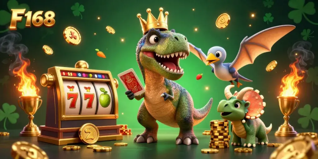 Engage in thrilling slots gameplay with F 168 featuring friendly dinosaurs and casino elements in a vibrant 3D scene.