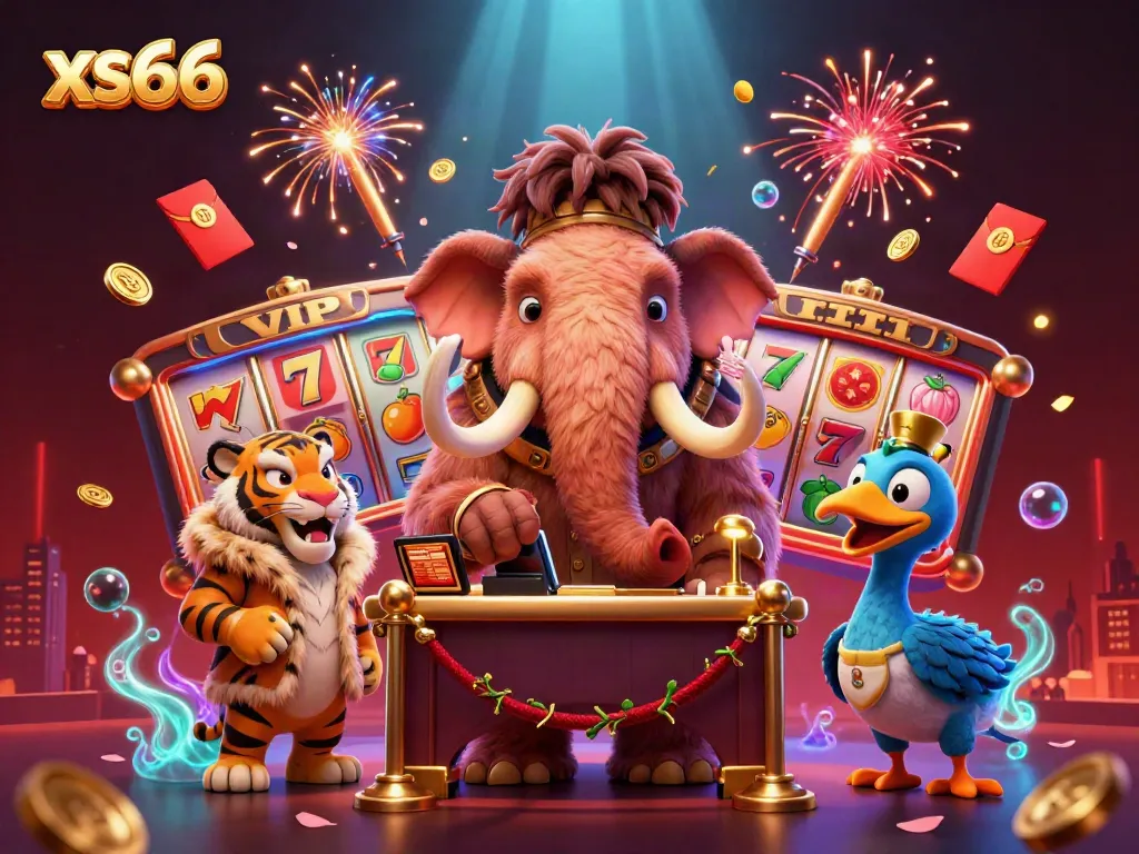 Experience excitement at xs66 with a woolly mammoth bouncer, saber-tooth tiger guest, and vibrant casino elements.