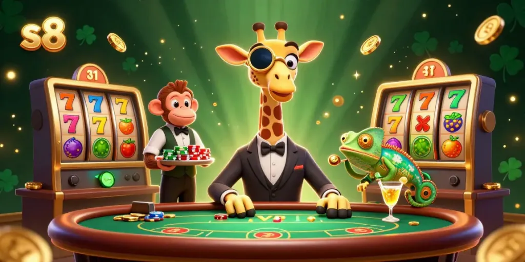 S8 players enjoy an immersive casino experience with a giraffe high-roller in a lively slot scene.