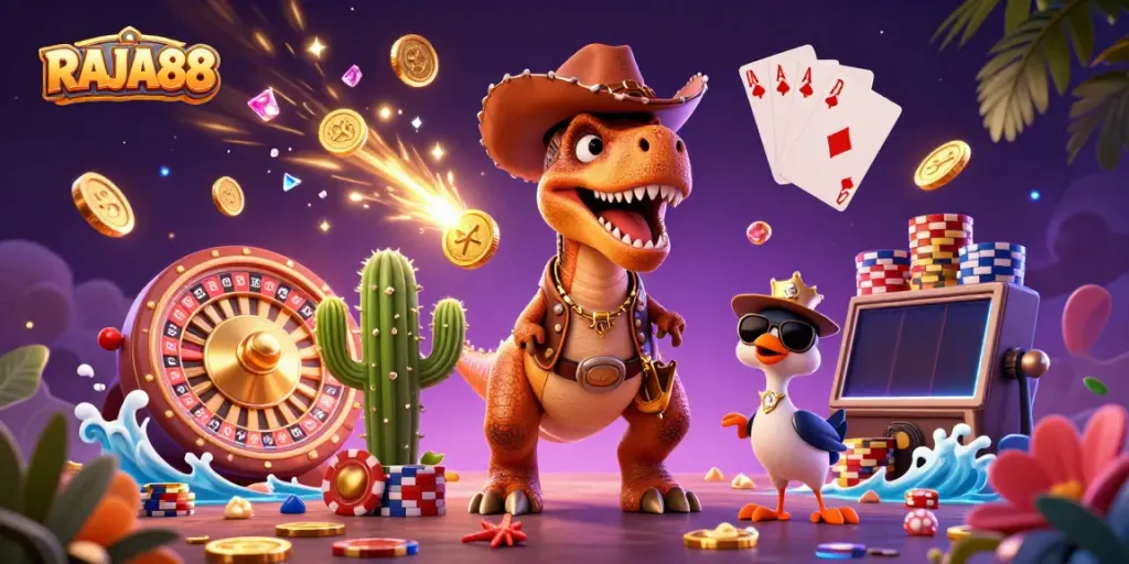 Experience the thrill of RAJA88 with lively casino characters and dynamic gaming elements.