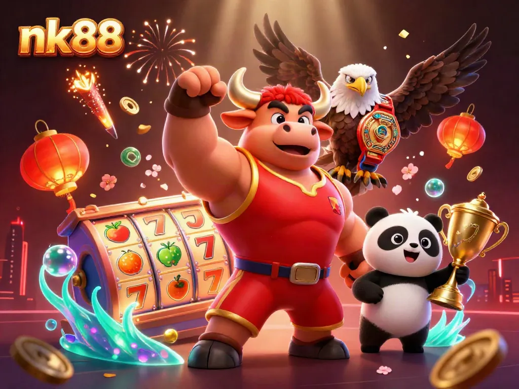 Engage with nk88 casino thrills featuring a bull mascot, eagle, and panda amidst vibrant 3D slot action.