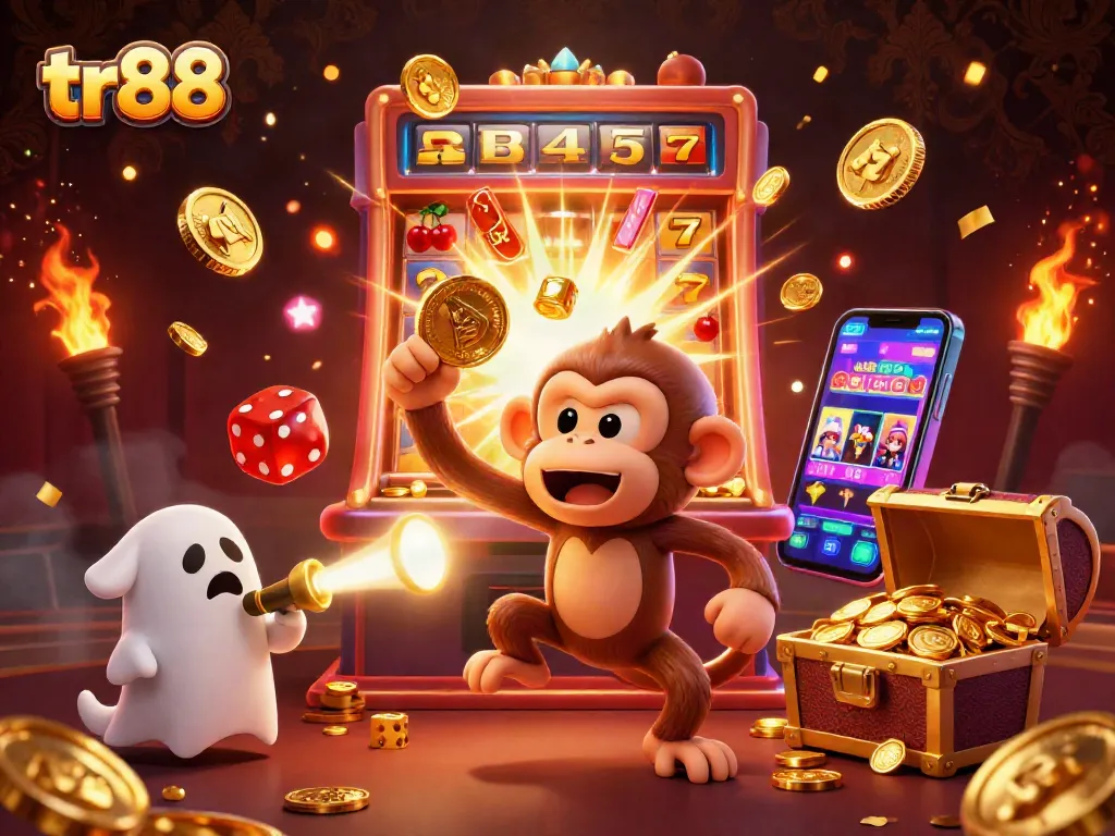 Experience the excitement at tr88 with vibrant casino games amid a dynamic illustration of mischievous characters.