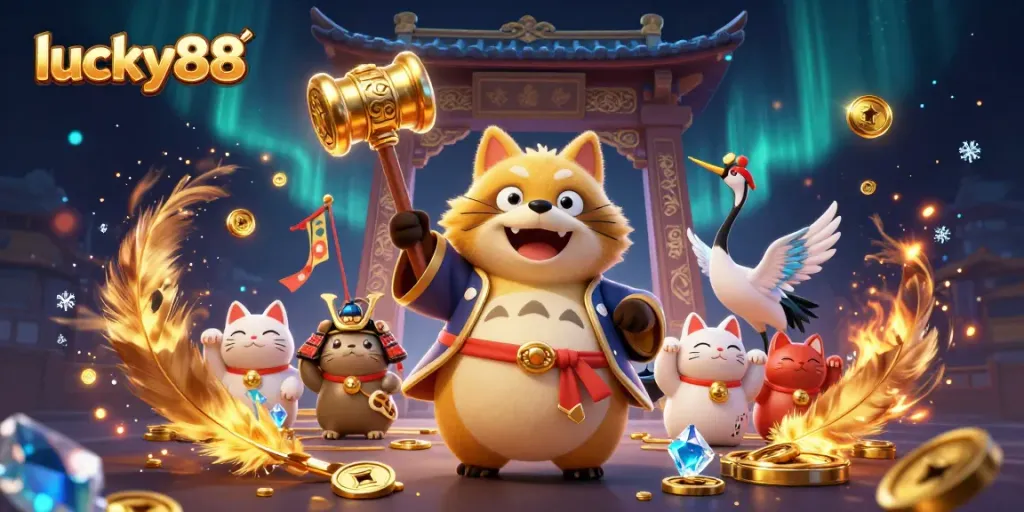 Spin big with lucky88 in this vibrant casino scene featuring a cheerful tanuki and maneki-neko!