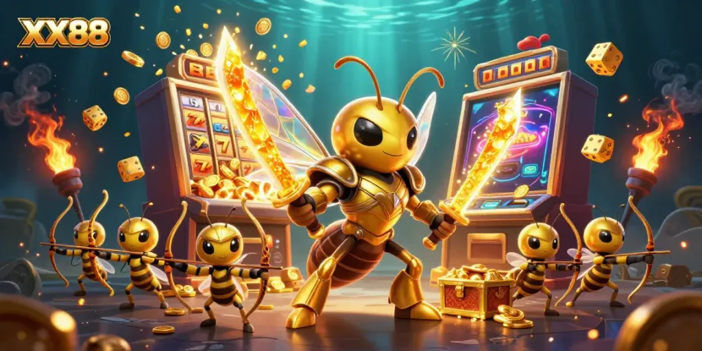 Experience the thrill of XX88 with vibrant golden hornets and dynamic casino elements in a captivating 3D scene.