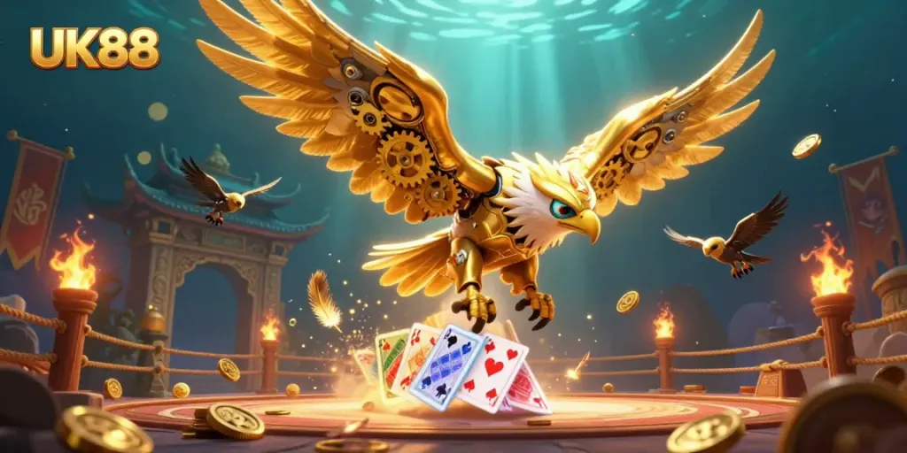 Immerse in the excitement at UK88 as a golden eagle swoops through holographic cards amid a vibrant casino scene.
