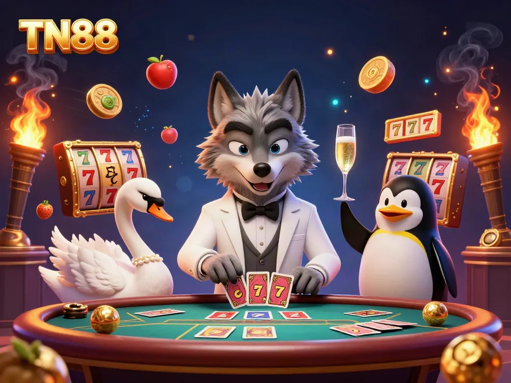 Experience the excitement of casino gaming with TN88's vibrant baccarat scene featuring a debonair wolf, elegant swan, and sophisticated penguin.