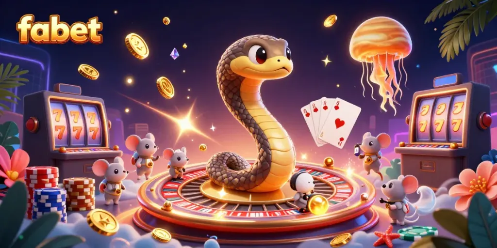 Explore fabet's vibrant 3D gaming scene with a cosmic dealer amidst dynamic gambling elements.