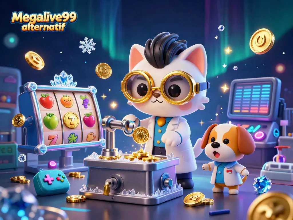 Visualisasi dinamis bermain di megalive99 alternatif dengan tokoh kucing ilmuwan dan anjing asisten di kasino.