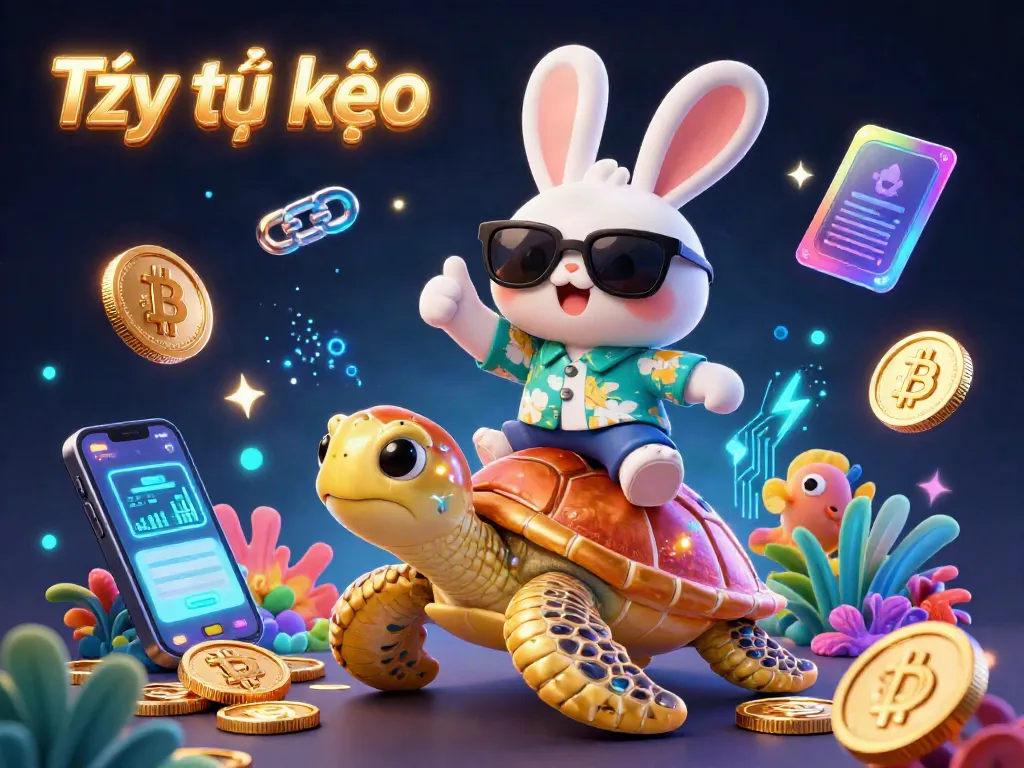 Engage with Tỷ lệ kèo in this dynamic 3D casino scene featuring a lucky rabbit, golden turtle, and vibrant elements.