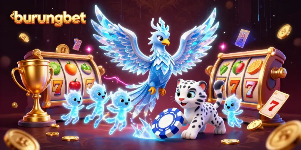 Engage in thrilling gameplay with burungbet, featuring vibrant slot reels and cheerful characters.