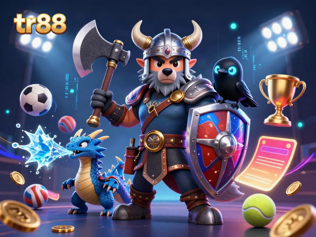 Engage in thrilling gaming on TR88 with top-notch illustrations of Viking warriors and sports elements.