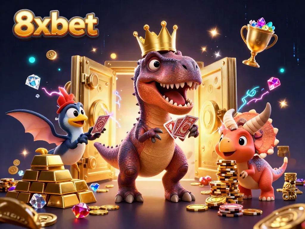 Experience the thrill of 8xbet with a fun T-Rex card shark and friends in a vibrant casino scene!
