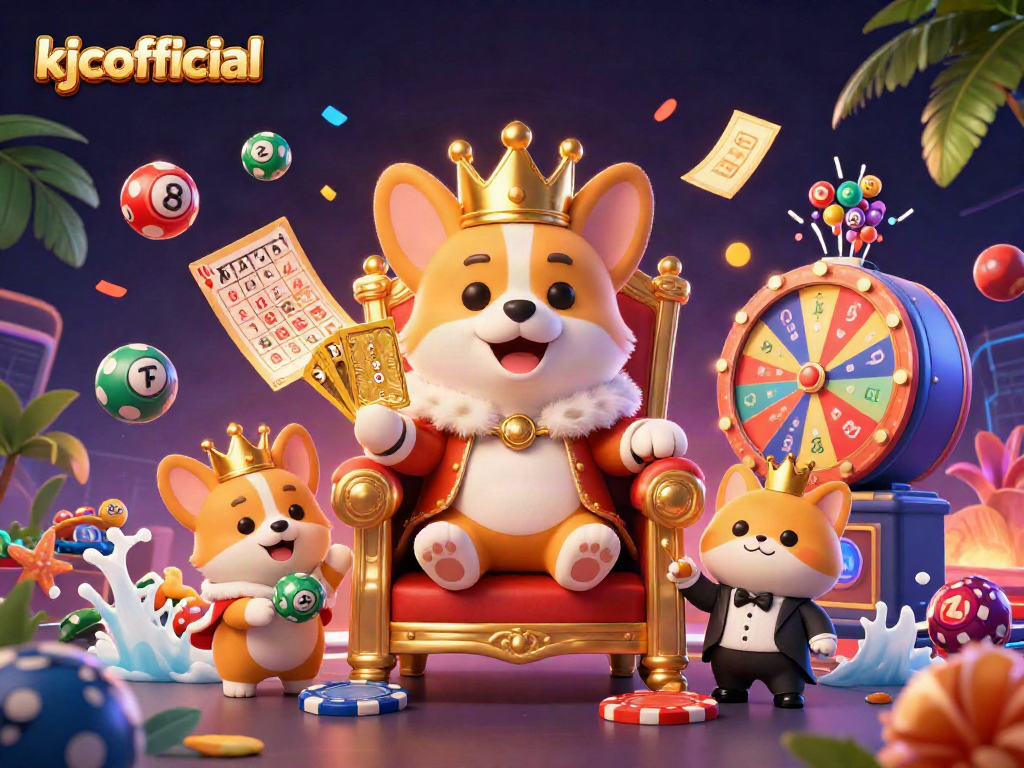 KJCOfficial offers a vibrant lottery scene with corgis and dynamic game elements featured together.