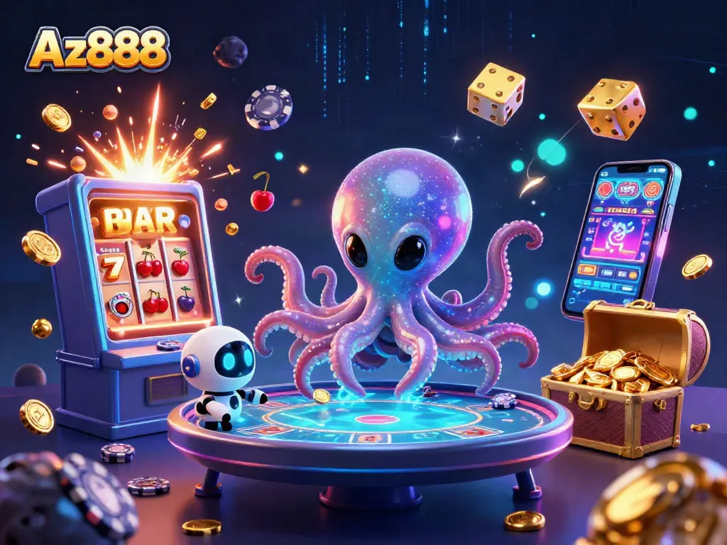Experience thrilling gaming with Az888's lively 3D illustration of a whimsical alien octopus at a poker table.