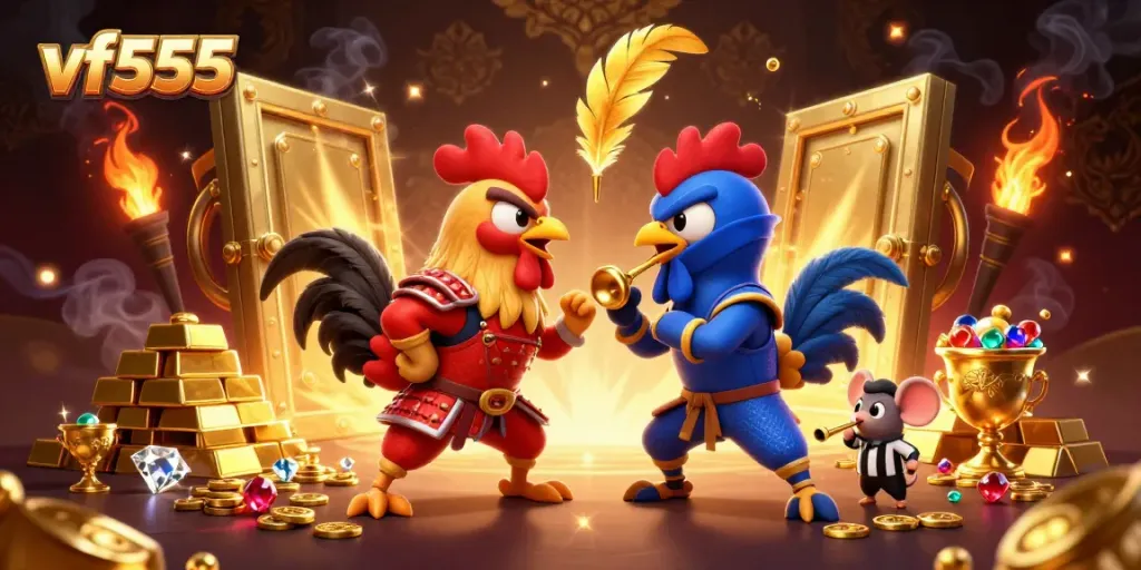 Engage with vf555 in a fierce cartoon rooster challenge surrounded by golden treasures.