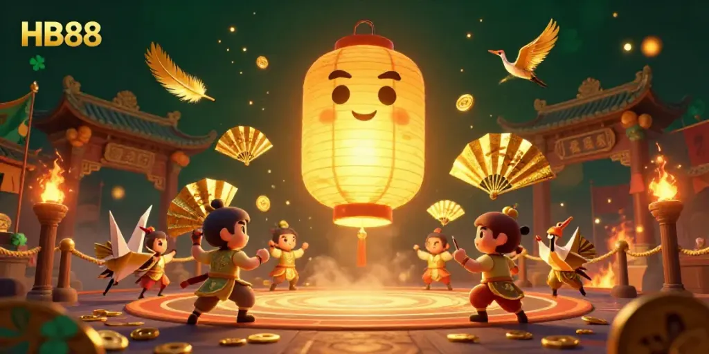 Engage with HB88's vibrant casino atmosphere, highlighted by a glowing spirit and paper fan warriors, amidst golden coins and betting tokens.