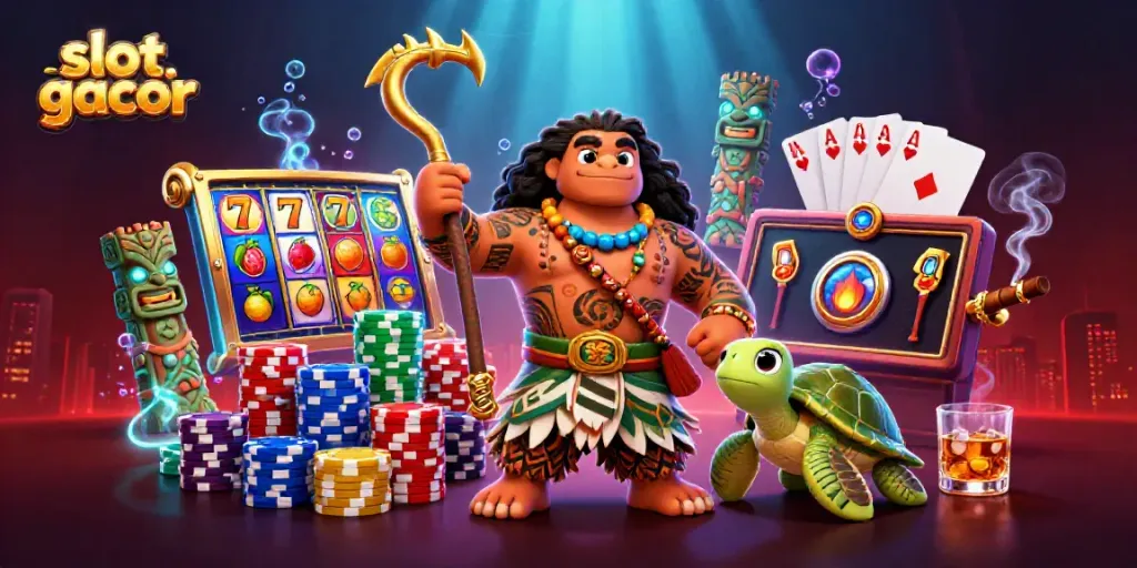 Menangkan jackpot di slot gacor dengan demigod Maui dan kura-kura di latar belakang penuh aksi.