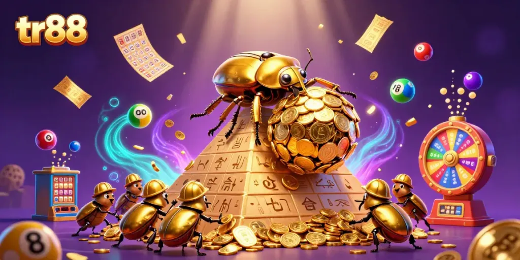 Join the excitement at tr88 with a golden beetle rolling coins and lottery elements.