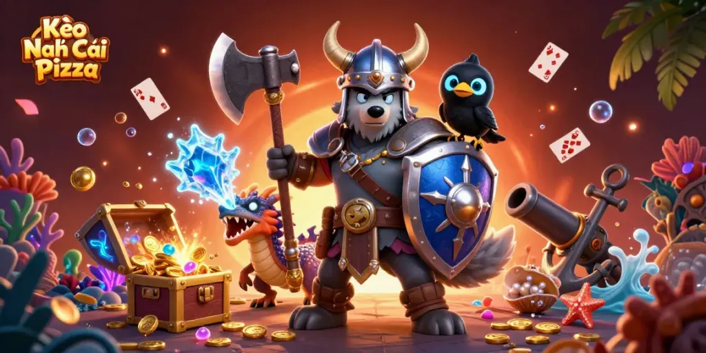 Engage with Kèo Nhà Cái Pizza as a cartoon Viking warrior, dragon, and raven enhance the adventure.