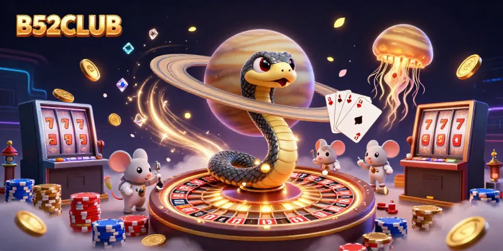 Experience thrilling gameplay at B52CLUB, with a cosmic dealer and vibrant casino elements.