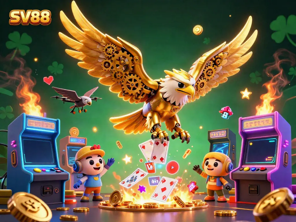 SV88 showcases a dynamic gaming scene with a cybernetic eagle amidst colorful arcade elements.