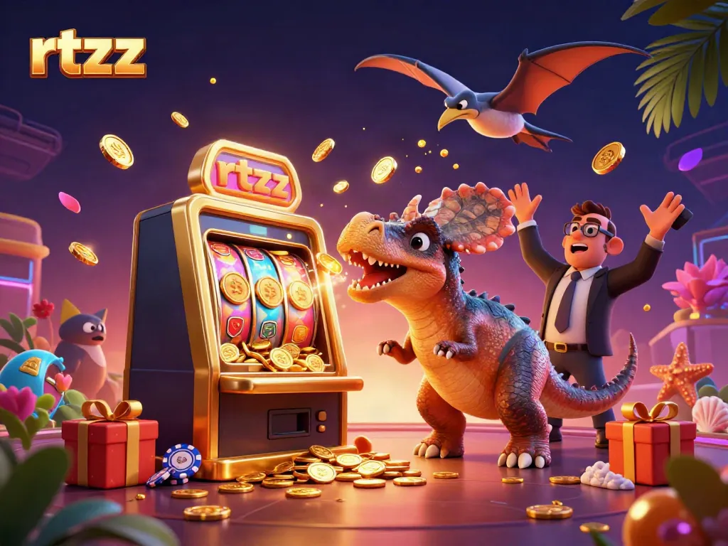 rtzz celebrates casino excitement with 3D dinosaurs, jackpot coins, and thrilling game elements.