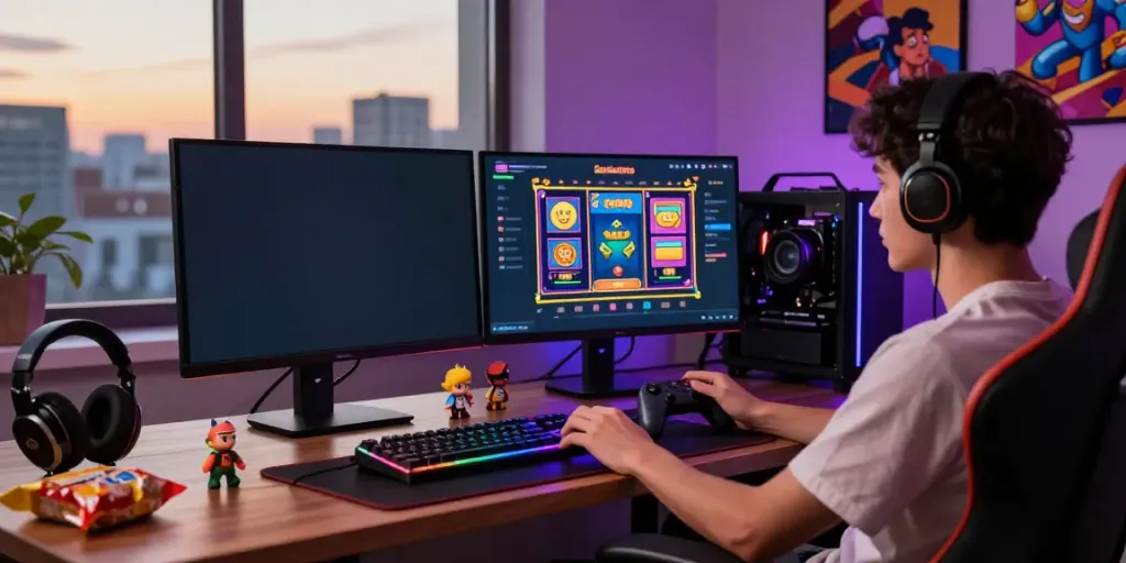 Gamer enjoying Seributoto daftar with dual monitors and vibrant gaming setup.