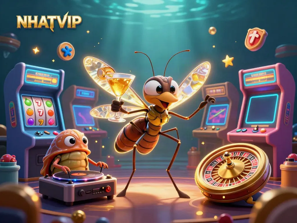 Experience the thrill of NHATVIP with vibrant gambling elements and mascots bringing excitement to life.