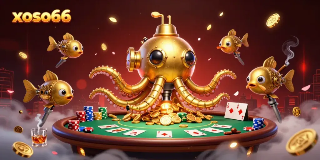 Engage in thrilling gameplay at xoso66 with vibrant visuals of a golden kraken amidst game elements.