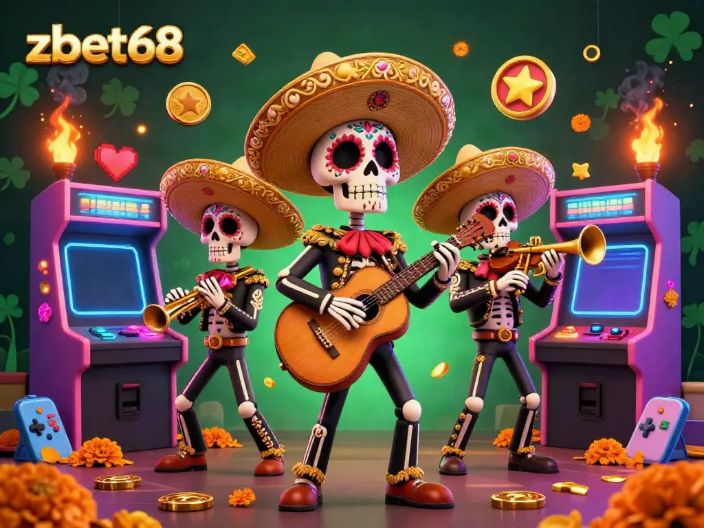 Play exciting games at zbet68 with vibrant Day of the Dead mariachi band surrounded by colorful arcade elements.