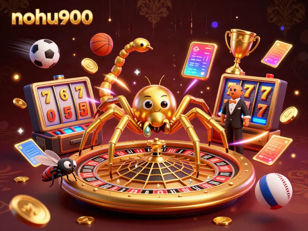 Engage in thrilling gameplay at nohu900 with a dynamic 3D illustration of a roulette wheel and lively characters.