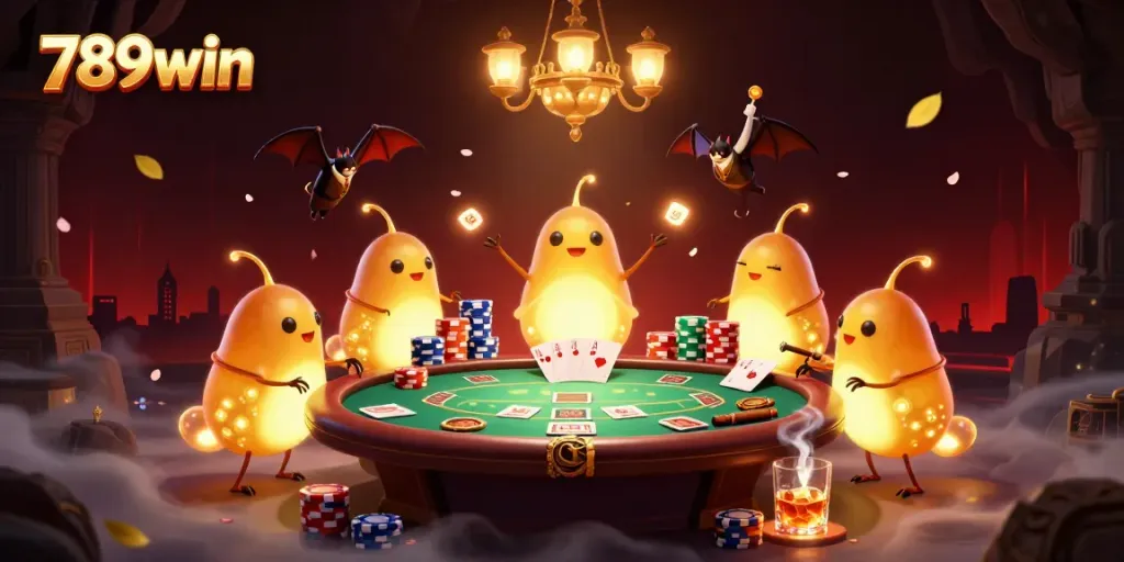 Experience the vibrant casino scene with 789win glowworms illuminating an exciting poker game.