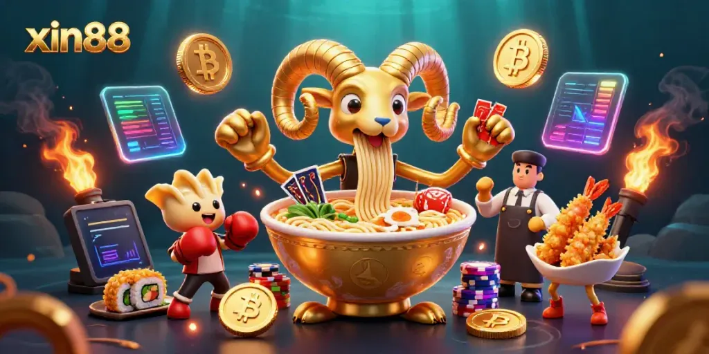 Engage with games at xin88, featuring a vibrant 3D casino scene with animated food characters and crypto elements.