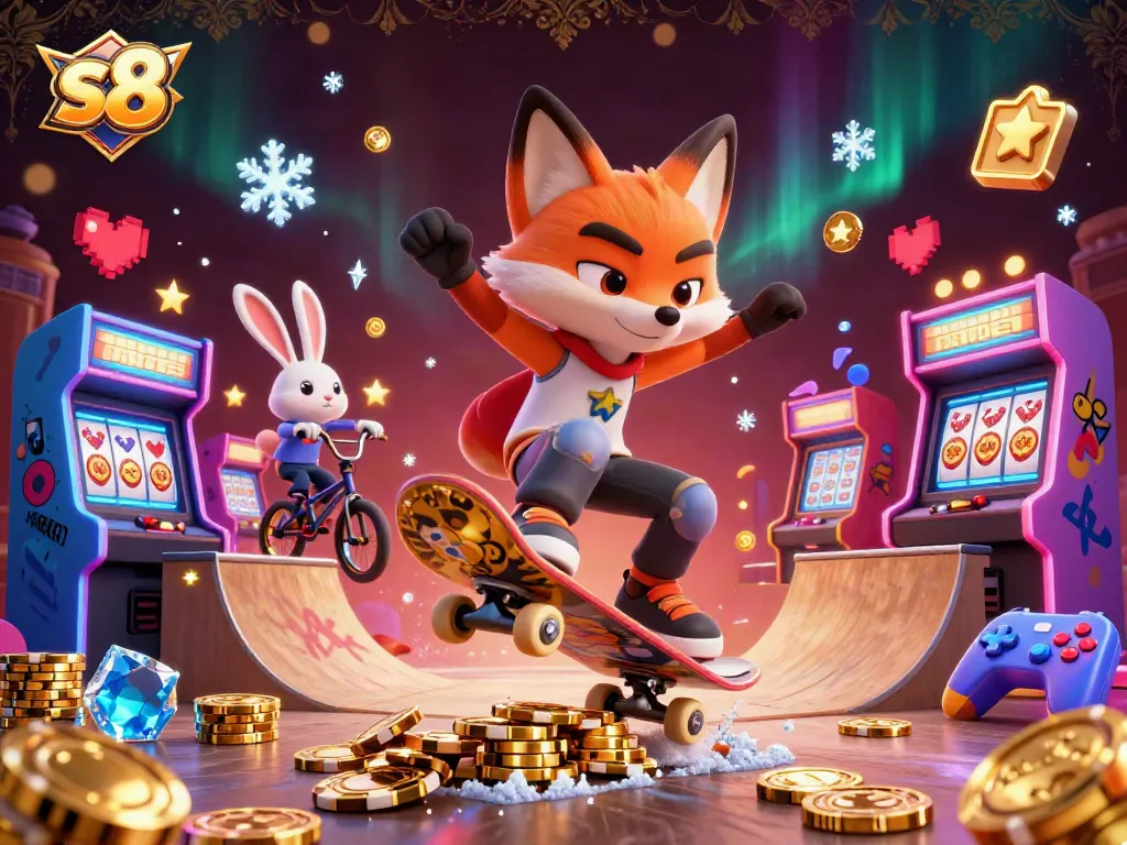 S8 gamers enjoying high-stakes action with a skateboard fox and BMX rabbit in a casino-themed environment.