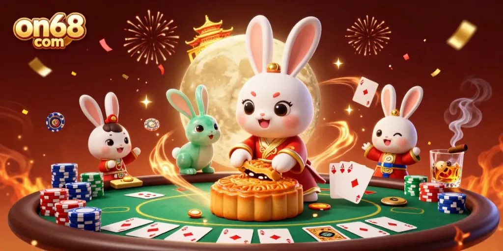 Engage in exciting gambling at on68 com with a vibrant illustration of celebrating moon rabbits in a casino atmosphere.