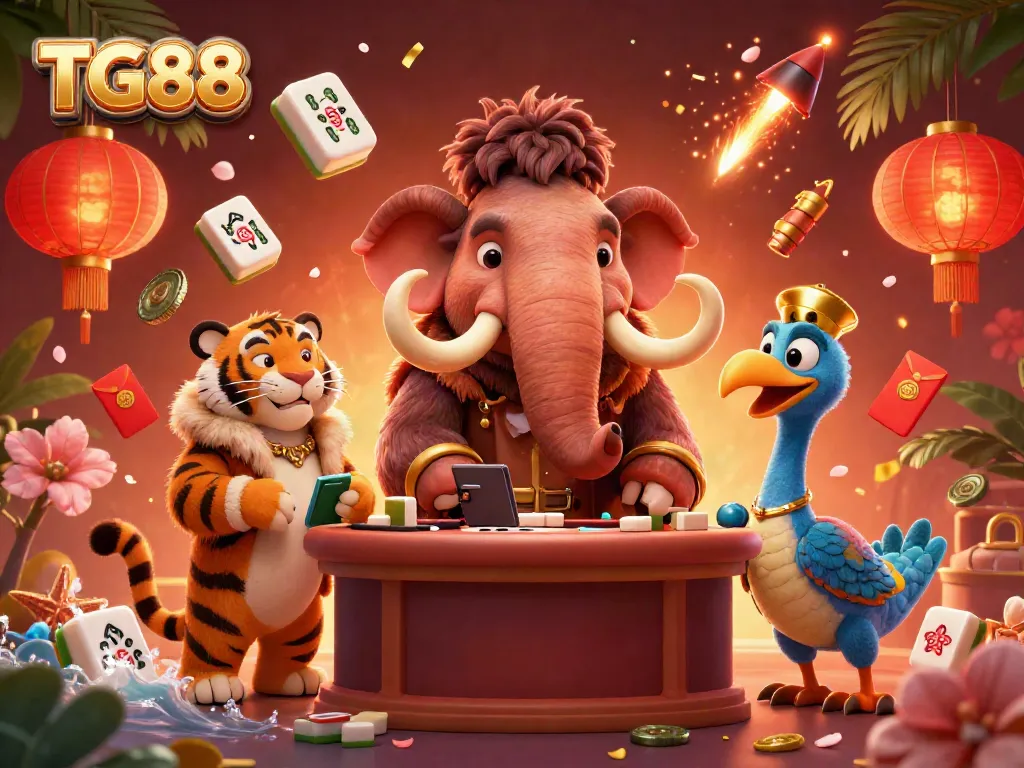 Join the TG88 gaming scene with a vibrant 3D illustration showcasing casino bouncers and exotic guests welcoming players.