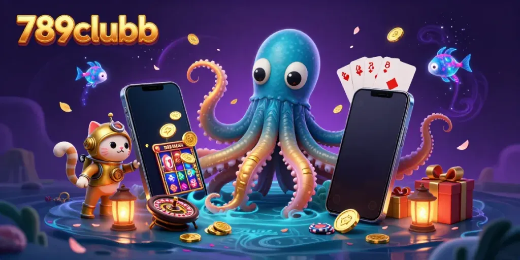 Experience thrilling moments at 789clubb with a dynamic 3D scene of a treasure-filled ocean, gaming elements, and vibrant characters.