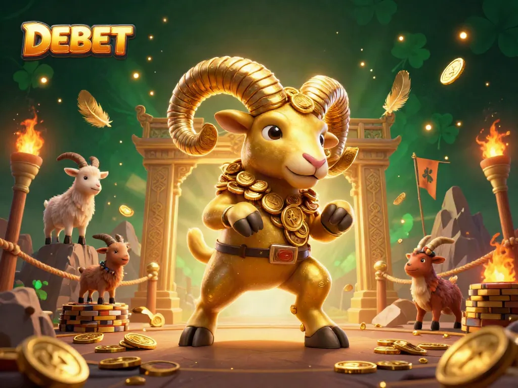 Engage with DEBET in an exciting sports betting scene featuring a golden ram and dynamic elements.