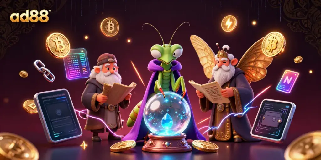 Engage with ad88's mystical casino adventure featuring a fortune teller and librarian.