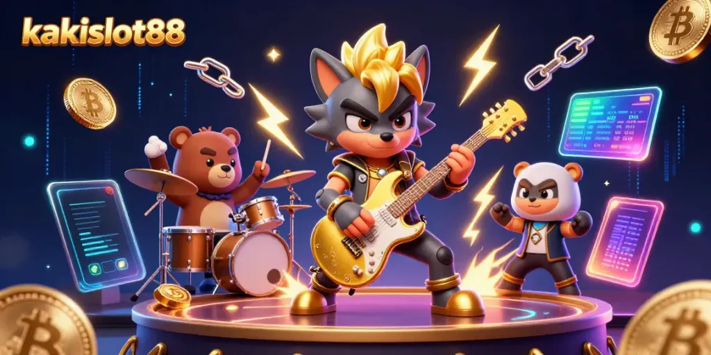 Mainkan kakislot88 dengan rock star wolf dan drummer bear dalam ilustrasi 3D penuh energi.