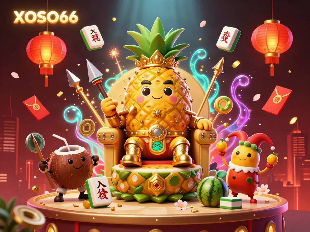 XOSO66 showcases a lavish beach casino scene with a golden pineapple king, while festive elements fly around.