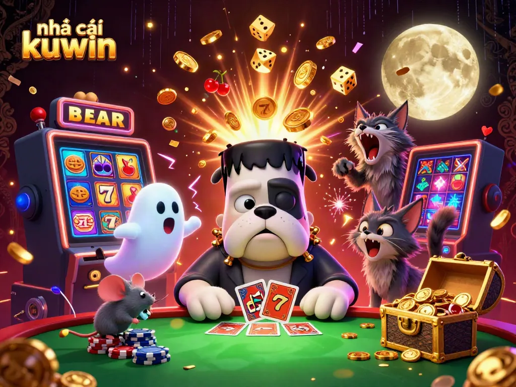 Experience thrilling action at nhà cái kuwin with a cartoon bulldog dealer, golden moon, and jackpot excitement.
