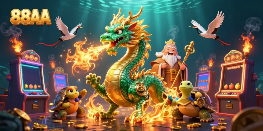 Win big at 88AA with a vibrant gaming scene featuring a jade dragon and colorful slot machines.