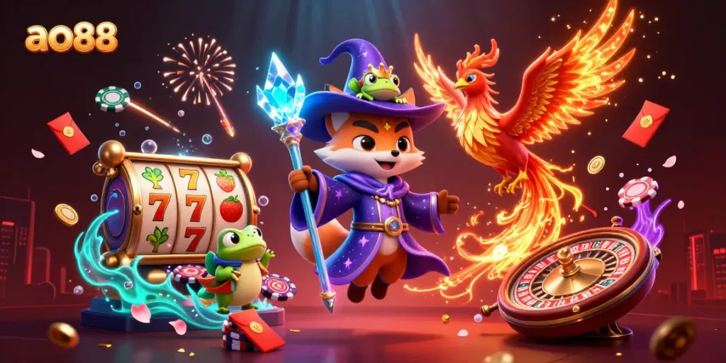 Engage in thrilling casino games with ao88, featuring vibrant characters and spectacular elements.