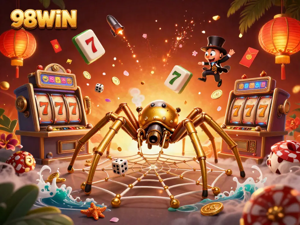 Engage in the exciting world of 98WIN with dynamic golden spider and casino elements.