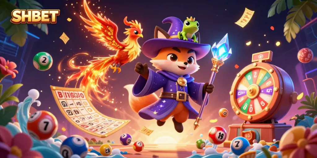 Play lottery and bingo games at SHBET with an enchanting casino scene featuring a wizard fox and vibrant elements.