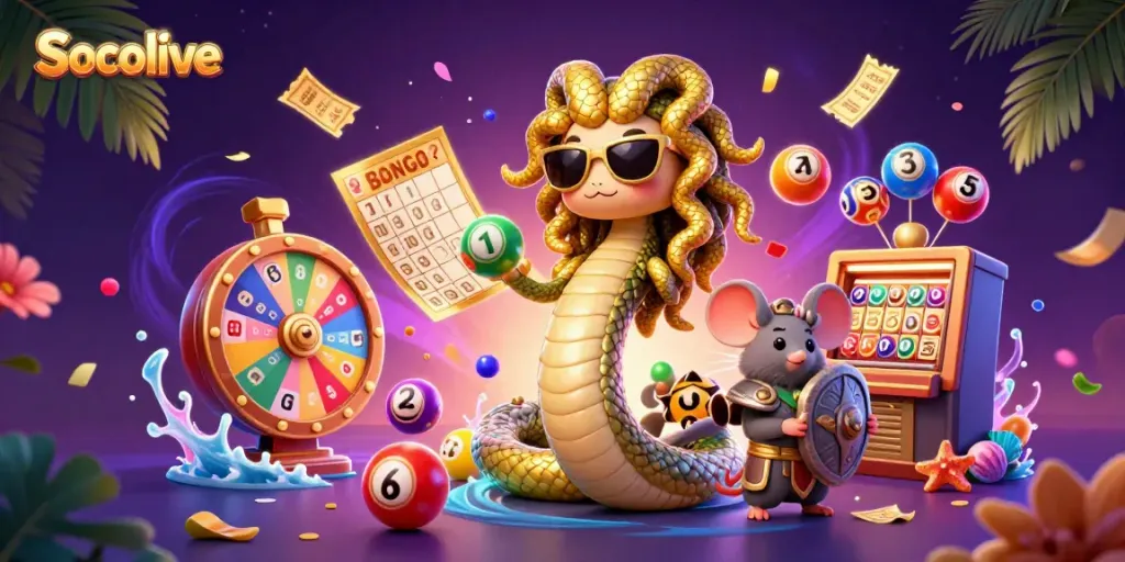 Socolive features a friendly Medusa and a warrior mouse in a vibrant gambling fantasy scene.