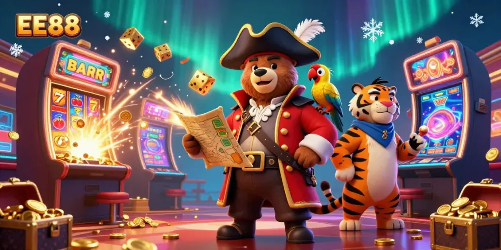 Engage in thrilling gaming at EE88's exciting casino with cartoon pirate bear and companions!