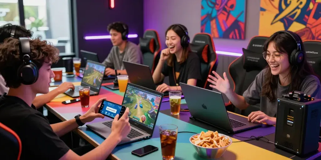 Exciting friends gaming on the garuda404 platform in a vibrant setting